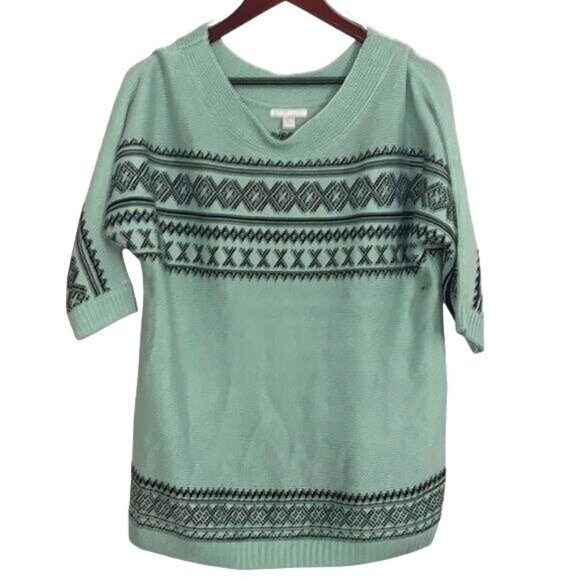 New York & Company Mint Green Sweater With Black Geometric Print V-Neck 3/4 Slee - Picture 1 of 8
